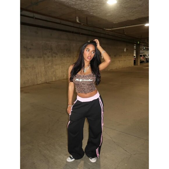 Aelfric Eden Women's High Sweatpants Bow Stripe Wide Leg Pants Baggy - Picture 4 of 5